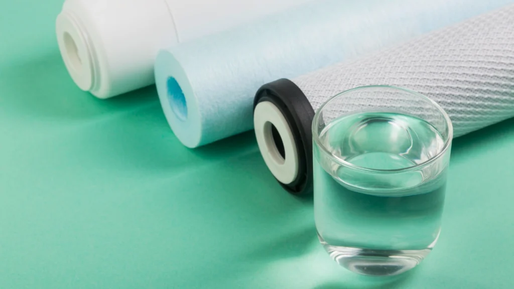 Rainwater water filter cartridges and clear water glass.