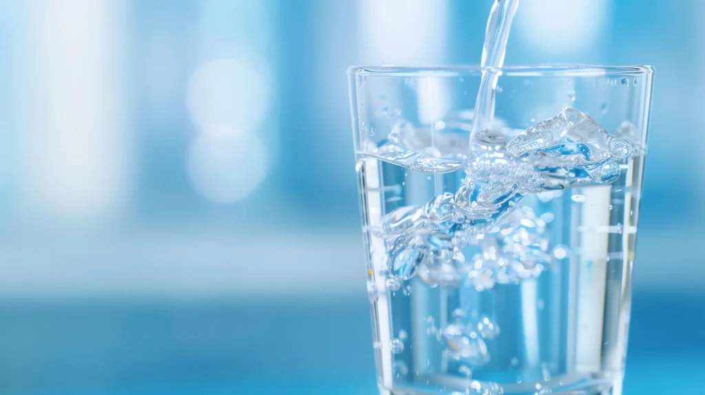Rainwater brand natural mineral water is filled into the glass, fresh and clear water image.