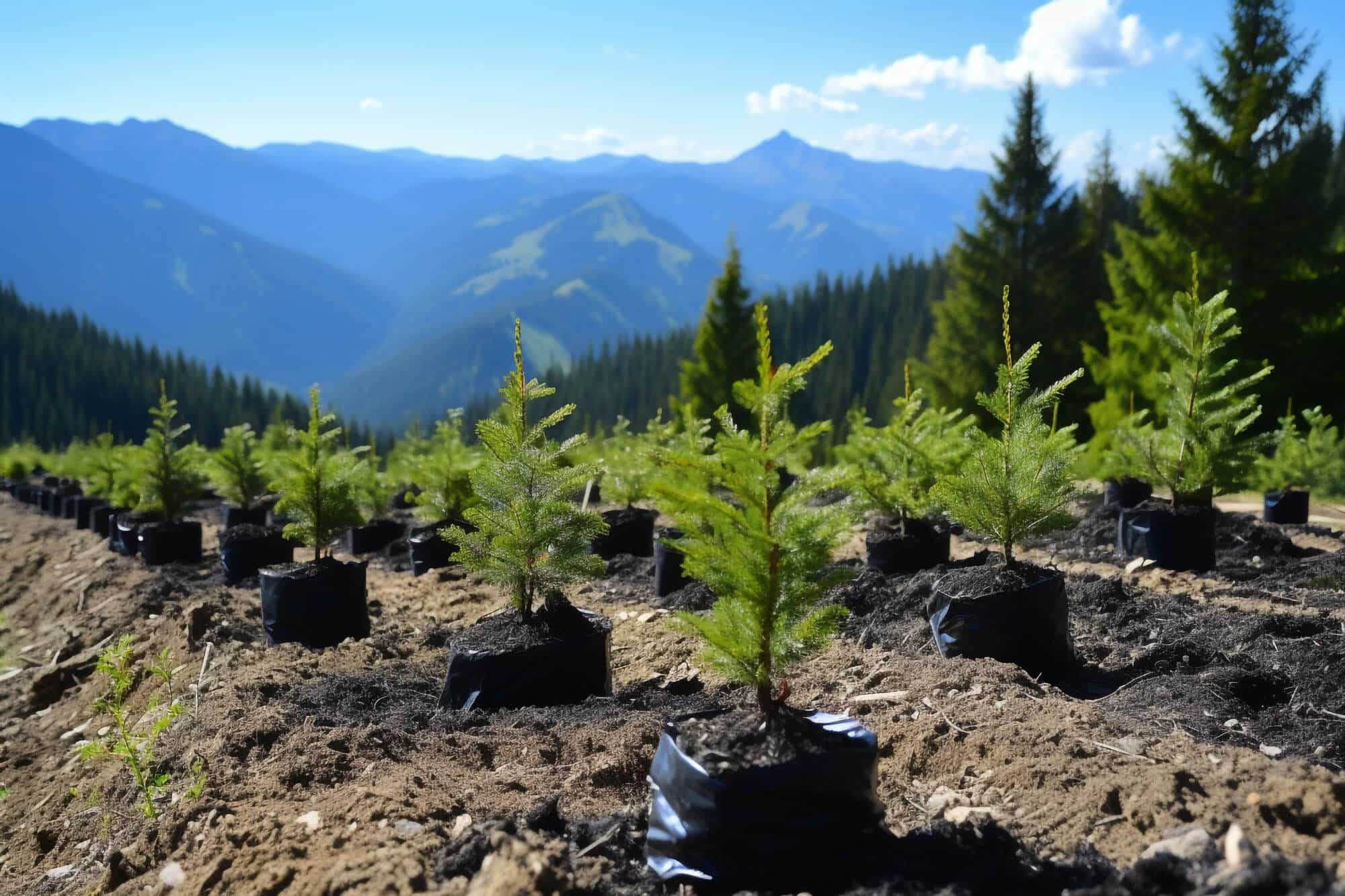 Ağaç fidanları ve dağ manzarası, çevre dostu Rainwater projesi.