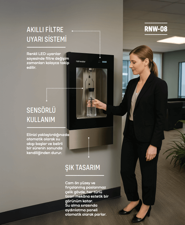 Rainwater RNW-08 Su Sebili, akıllı filtre sistemi ve sensörlü kullanım.