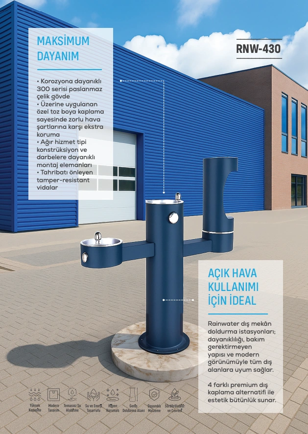 Rainwater RNW-430 açık hava dayanıklı doldurma istasyonu, paslanmaz çelik gövde, modern tasarım.