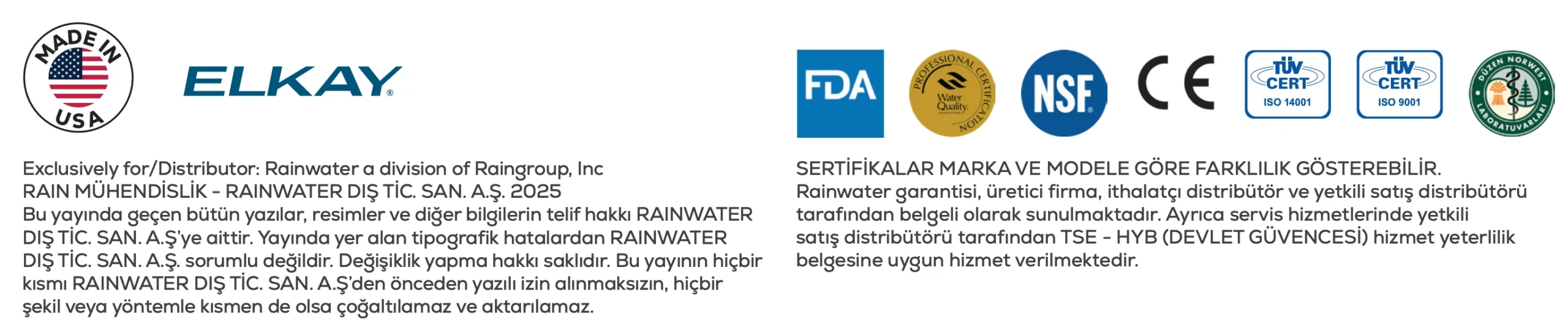 Rainwater distribütör belgeleri ve sertifikaları, Elkay Made in USA, FDA, NSF, ISO 14001, ISO 9001